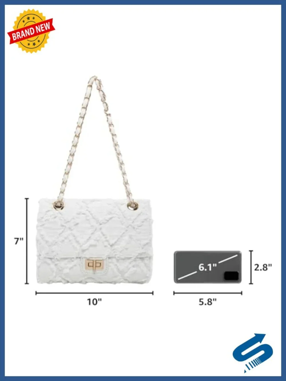 Women's Distressed Denim Quilted Satchel Handbag with Chain Strap